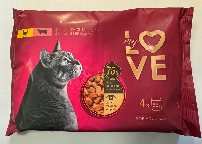 Kaķu konservi My Love ar vistu un liellopu gaļu maigā mērcē ((4*85g)) 1/13 (15.08.2026) Ukraina