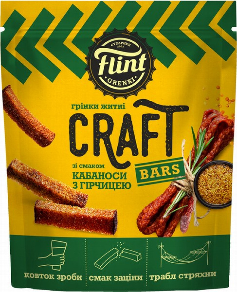 Grauzdiņi Flint Craft Grenki Kabanos ar sinepēm 90g 1/35 (10.12.25) Ukraina