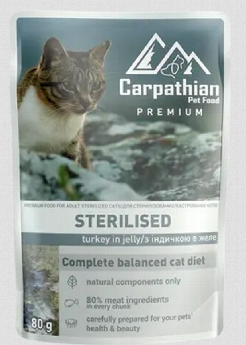 Kaķu konservi Carpathian Pet food ar tītara gaļu sterilizētiem kaķiem 100g 1/24 (27.09.2026) Ukraina