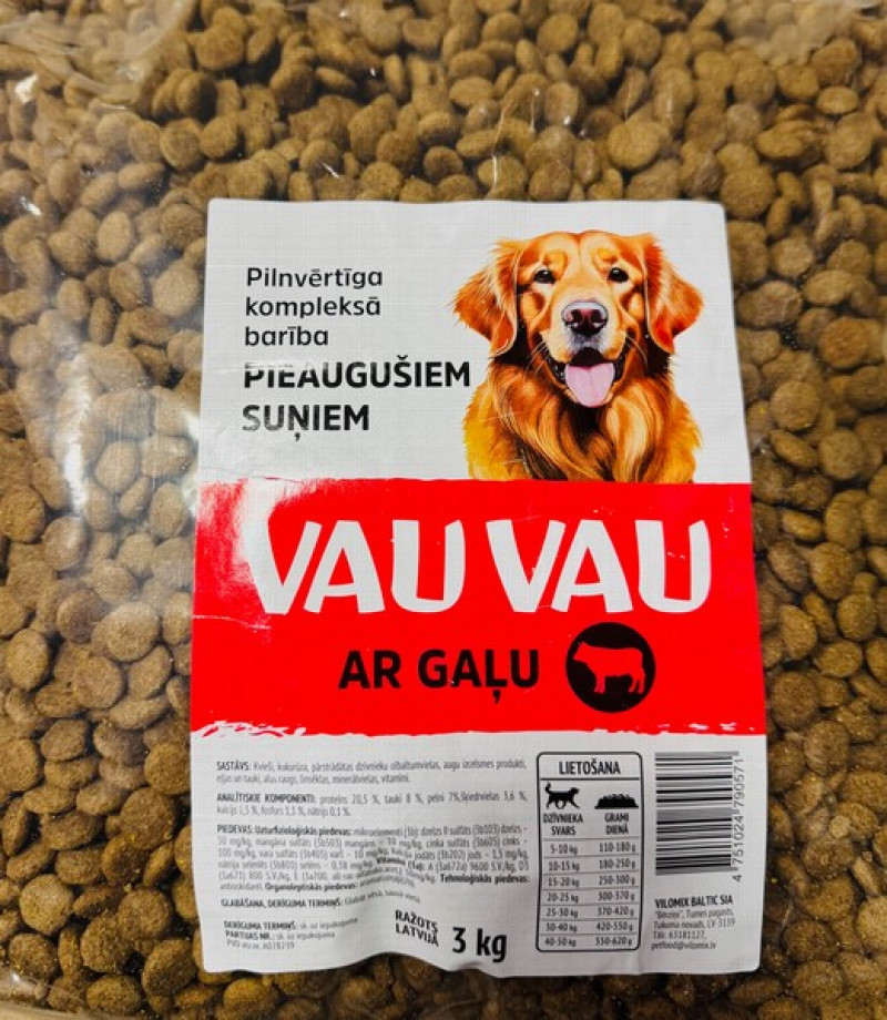 Suņu sausā barība VAU VAU ar gaļu 3kg 1/4 (19.06.27) Latvija