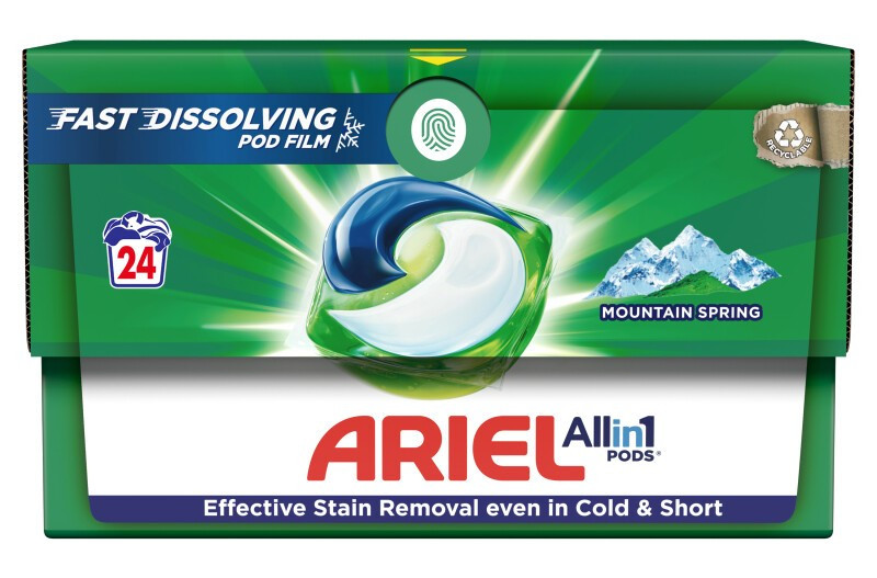 Veļas mazgāšanas kapsulas Ariel Mountain Spring baltai veļai 24gb (0.0.43 eur/gb)