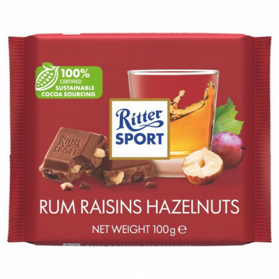 Šokolāde Ritter Sport ar lazdu riekstiem,rozīnēm un rumu 100g (11.08.25) Vācija LABA CENA