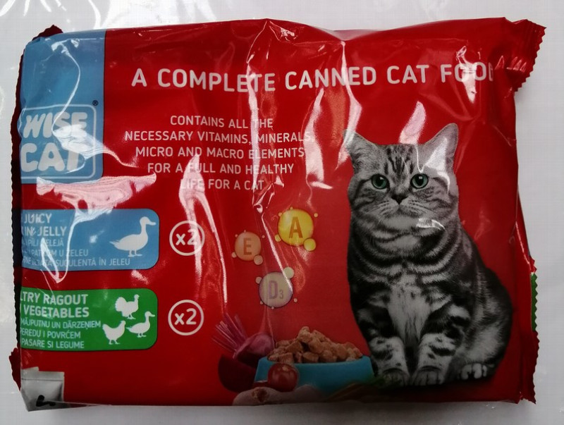 Kaķu konservi Wise Cat ar pīli un mājputni ragū ar dārzeņiem želejā 4x100g  (14.07.27) Ukraina