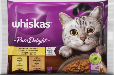 Kaķu konservi Whiskas 4*85g Pure Delight mājputnu izlase (11.08.27)Polija