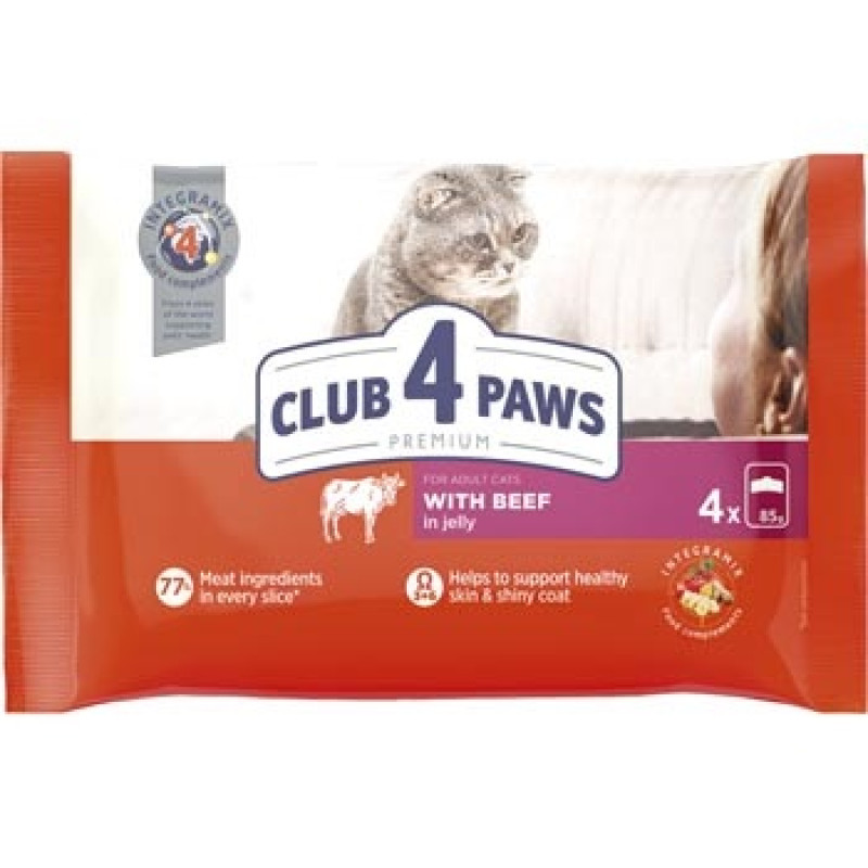 Konservi kaķiem Club 4 paws ar liellopa gaļu želejā 0.336g 1/13 (4x85g) (18.08.26)