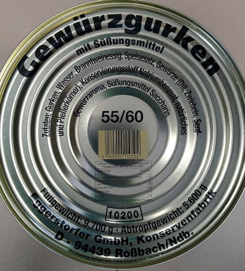 Gurķi marinēti ar garšvielām un saldinātāju 10L/5.6kg (55/60) Bundžā (31.12.29) Vācija