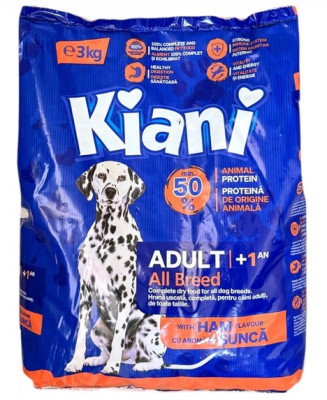 Sausā barība suņiem KIANI Adult+1 ar šķiņķa garšu 3 kg pieaugušiem suņiem (03.06.27)