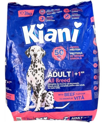 Sausā barība suņiem KIANI Adult+1 ar liellopa garšu 3kg pieaugušiem suņiem (03.06.27)