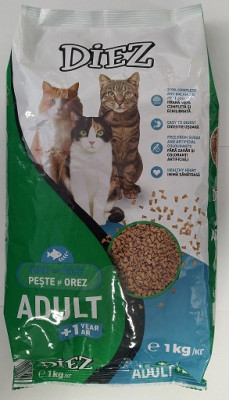 Sausā barība kaķim DIEZ Adult+1 ar zivīm un rīsiem 1kg (03.06.27) Rumānija