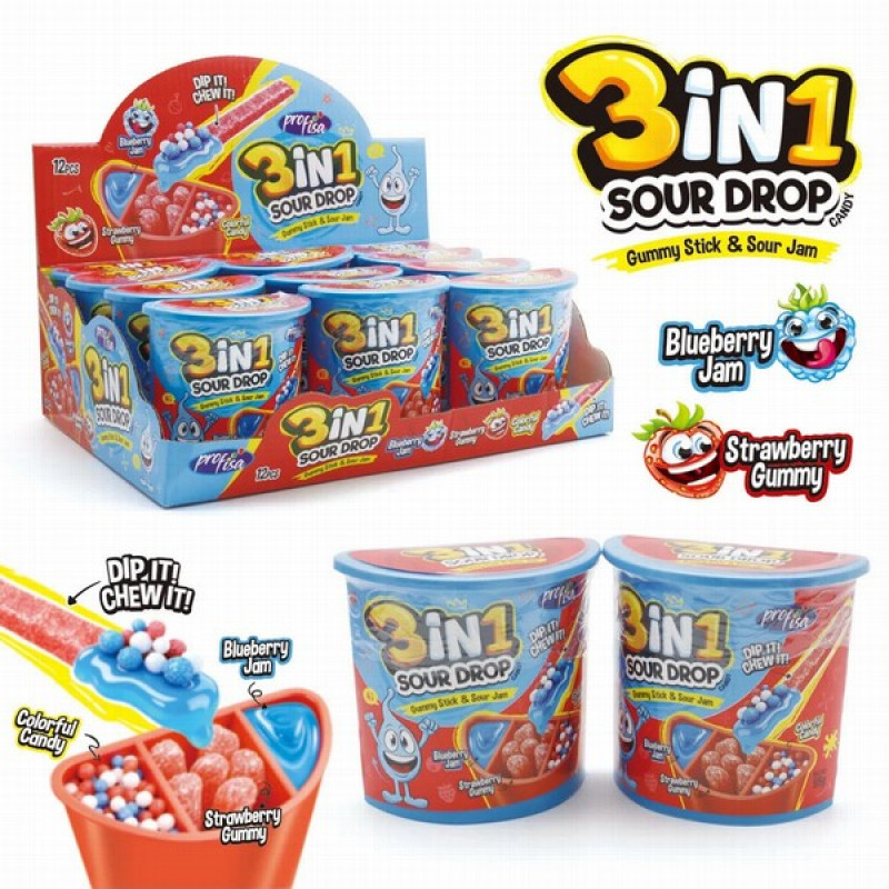 Želejkonfektes 3IN1 SOUR DROP GUMMY STICK 12gb*55ml (14.01.29)Ķīna