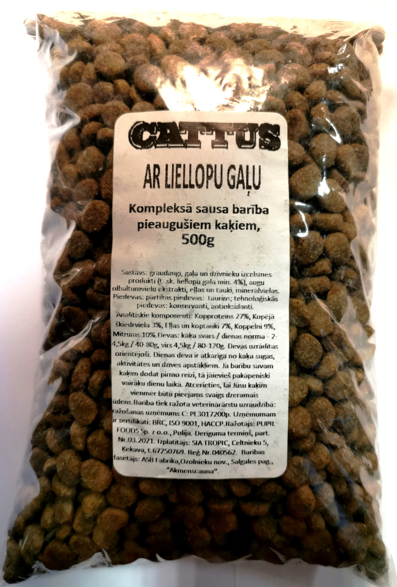 Kaķu sausā barība Cattus ar liellopu 500g 1/30 (12.2026)Polija