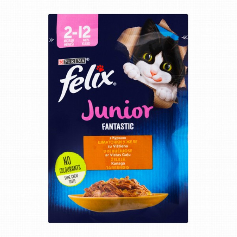 Kaķu konservi Felix Fantastic JUNIOR ar vistas gaļu želejā 85g 1/26 (31.12.2025)