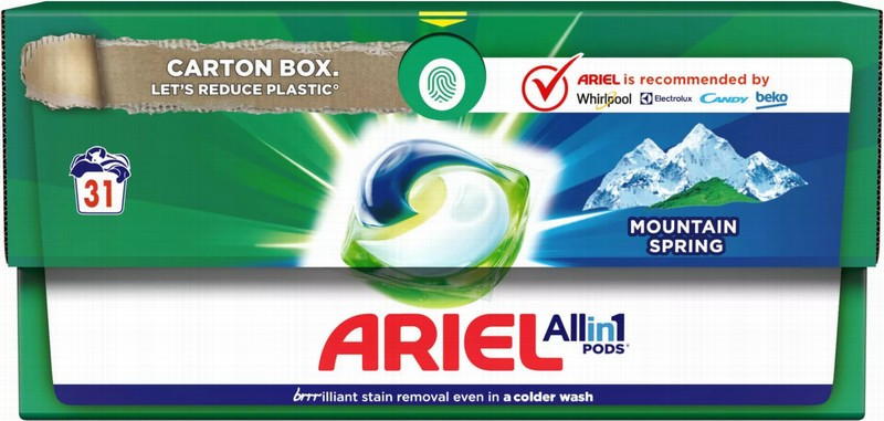 Veļas mazgāšanas kapsulas Ariel Mountain Spring baltai veļai 31gb (0.422 eur/gb)
