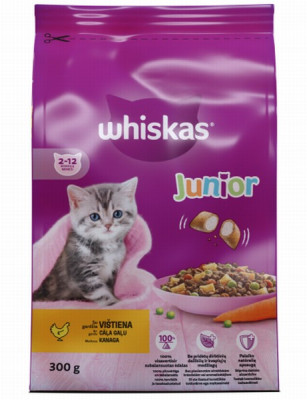 Kaķu sausā barība Whiskas 300g Junior ar cāļa gaļu (26.09.25) laba cena