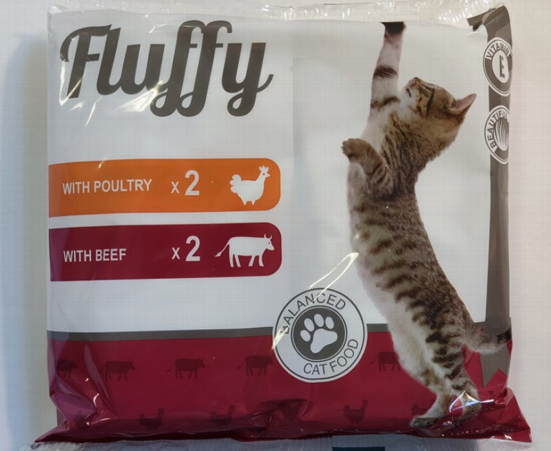Kaķu konservi Fluffy ar liellopu un putnu gaļu 4*100g 1/11 (03.08.26) Lietuva