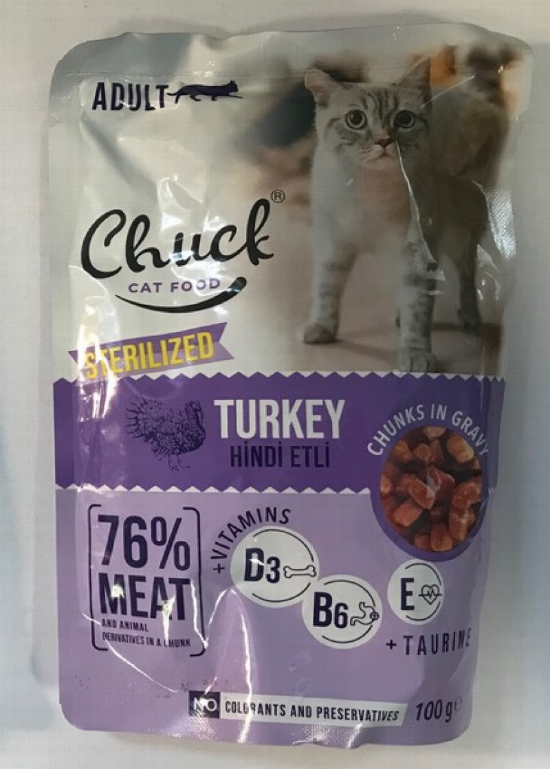 Kaķu konservi Chuck sterelizētiem ar tītaru gaļu 100g 1/10 (18.01.2026)