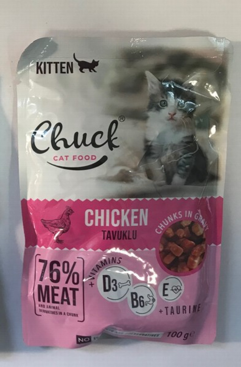 Kaķu konservi Chuck kaķēniem ar vistas gaļu 100g 1/10 (06.09.2025)
